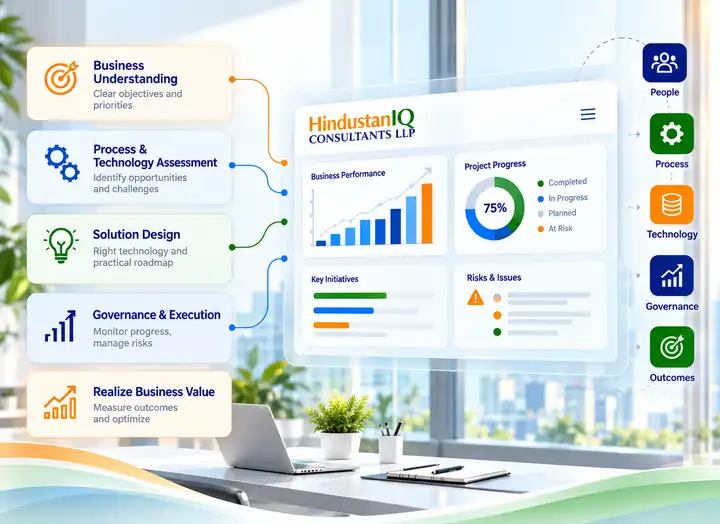 A consultant reviews a HindustanIQ project dashboard. Five steps lead to it: Business Understanding, Process and Technology Assessment, Solution Design, Governance and Execution, Realize Business Value. Beside it: People, Process, Technology, Governance, Outcomes.